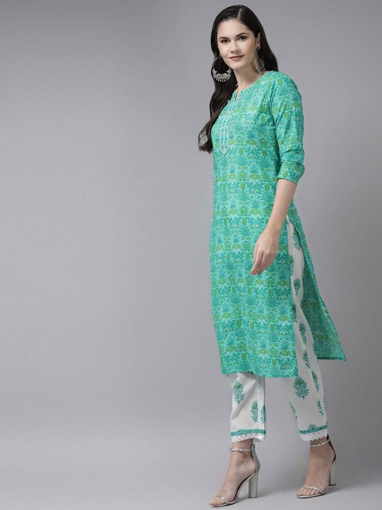 Yufta Green & White Ethnic Motifs Printed Mirror Work Kurta with Palazzo & Dupatta