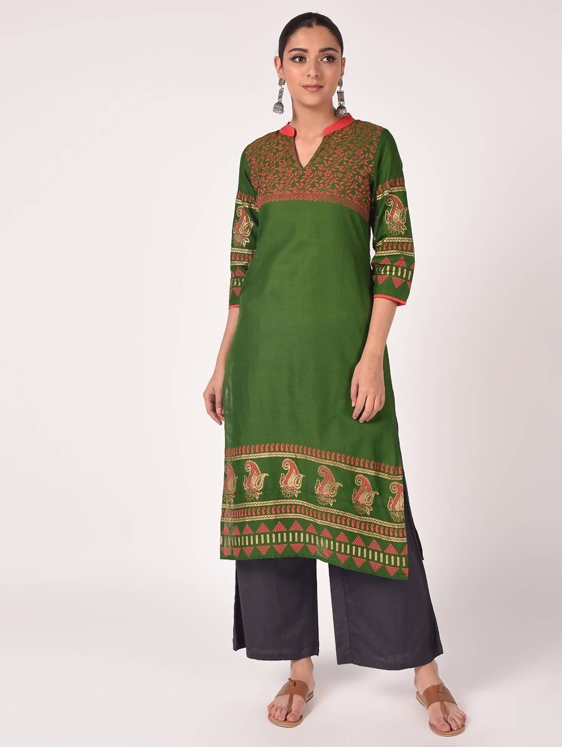 Cheera Hand Block Print Stylish Straight Kurta In Green Color
