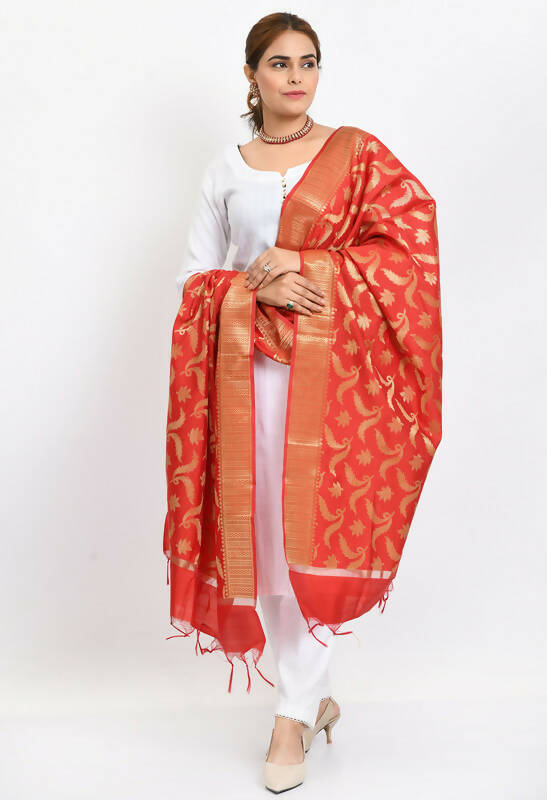 Mominos Fashion Moeza Women's Banarsi Silk Floral Woven Design Red Dupatta - Distacart