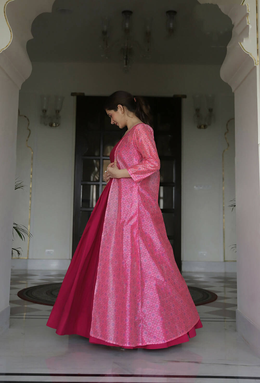 Partywear Designer Digital print Pink Maslin Gown - Anbazaar - Distacart