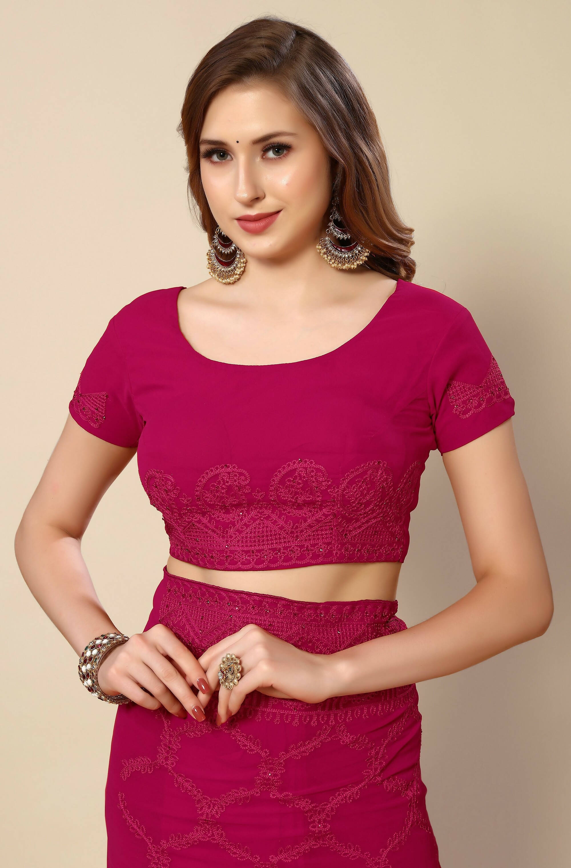 Pink Georgette Embroidered and Stone Work Saree with Unstitched Blouse Piece - Roozal - Distacart