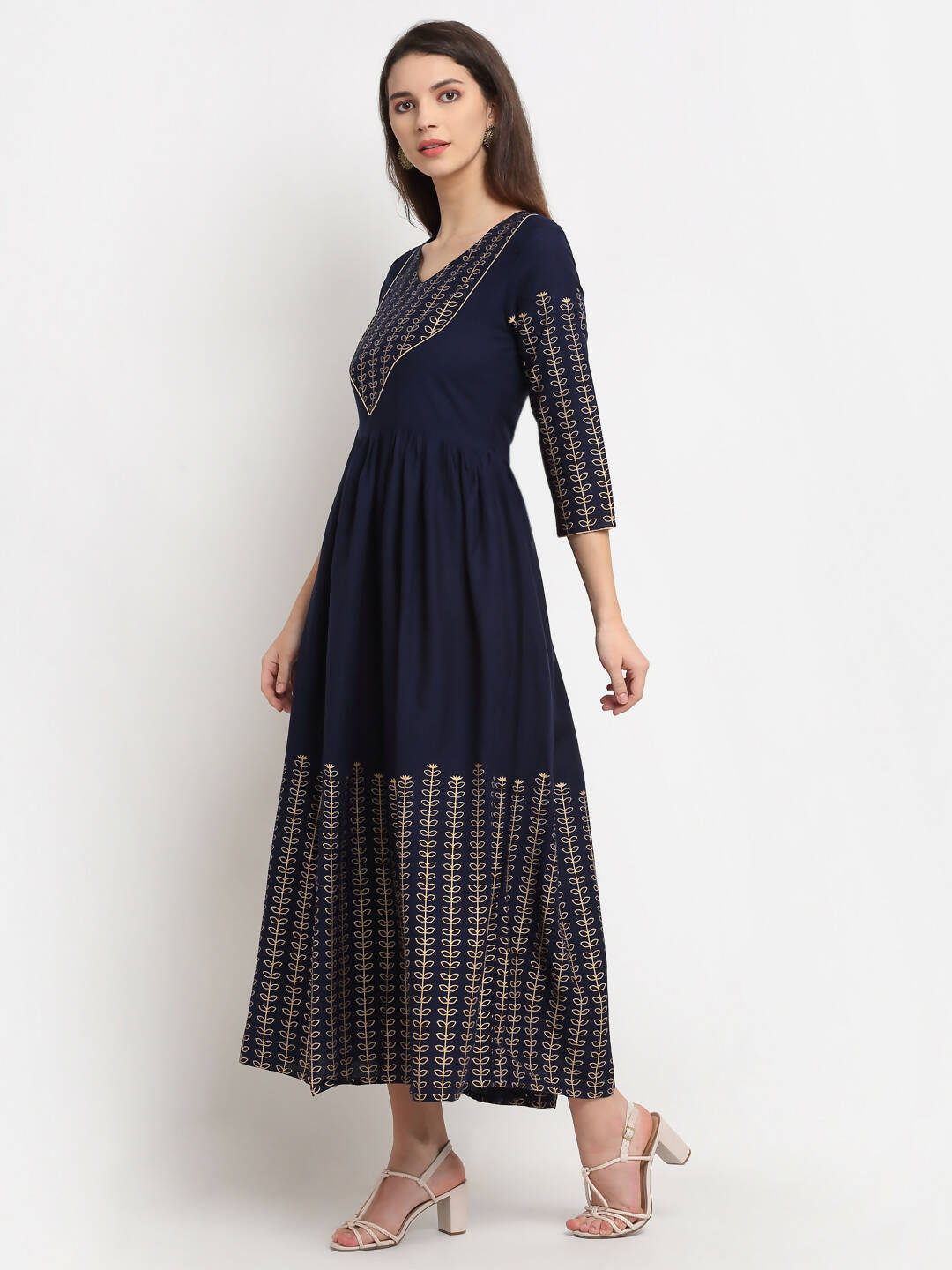 Rudra Bazaar Gold Printed A-line flared Blue kurti - Distacart