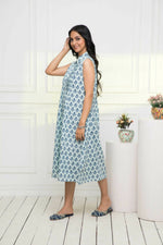 Thumbnail for Myshka Women Blue Ethnic Motifs Cotton A-Line Mandarin Collar Dress - Distacart