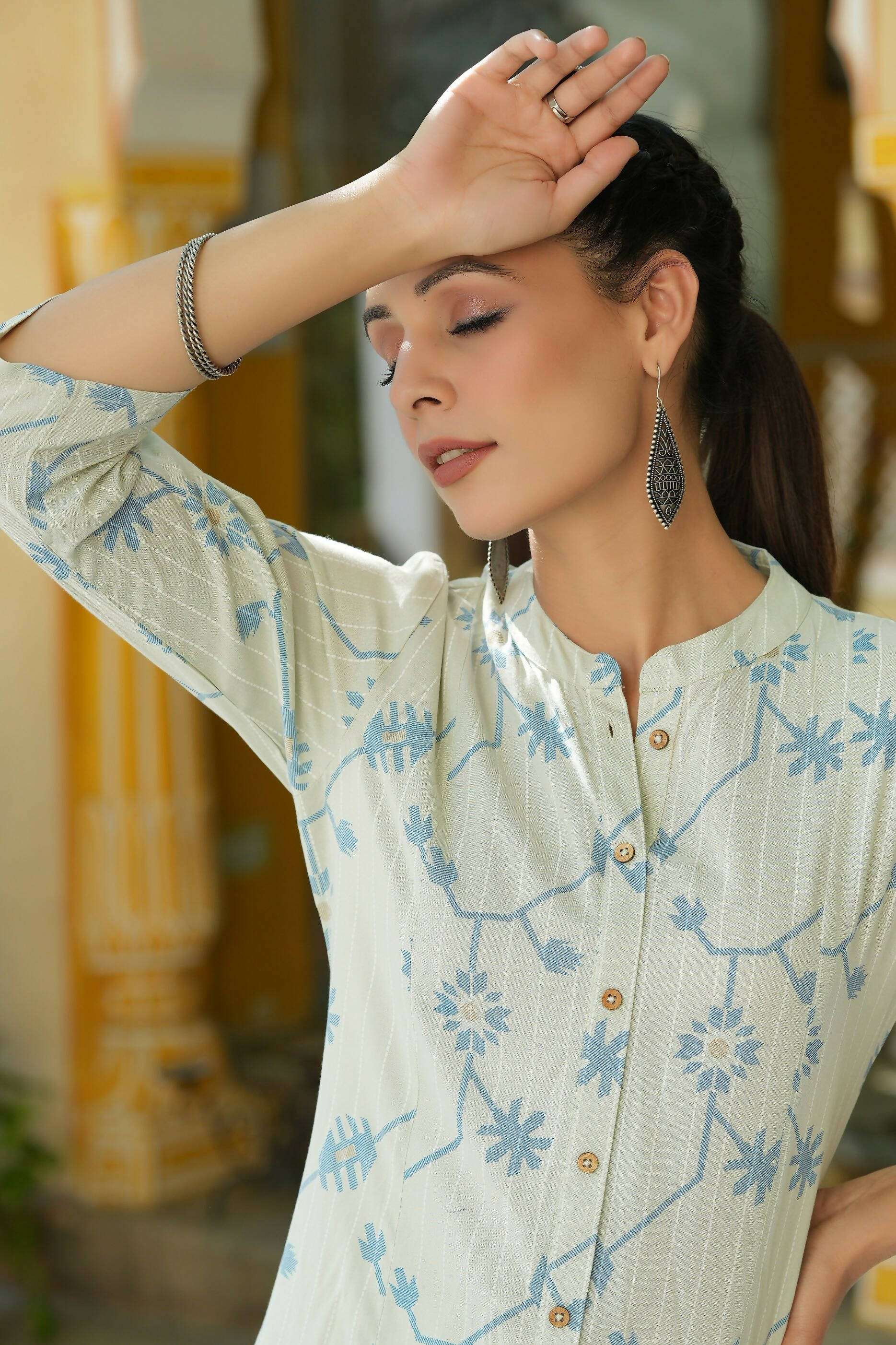 Juniper Women's Sky Blue Rayon Staple Printed A-Line Kurta - Distacart