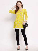 Thumbnail for Myshka Women's Yellow Cotton 3/4 Sleeve Round Neck Printed Casual Tunic