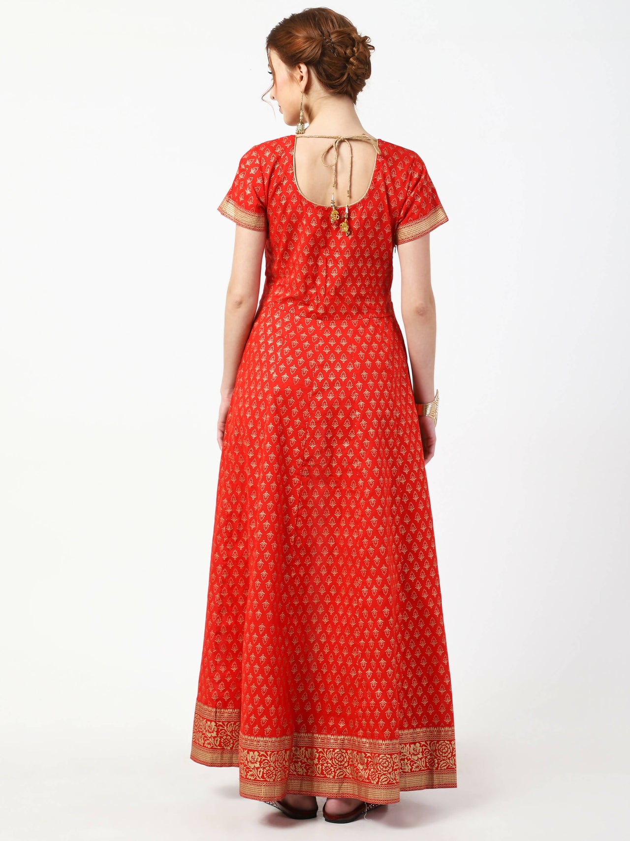 Cheera Women's Red Cotton Hand Block Print Long Dress With Silk Dupatta Set - Distacart