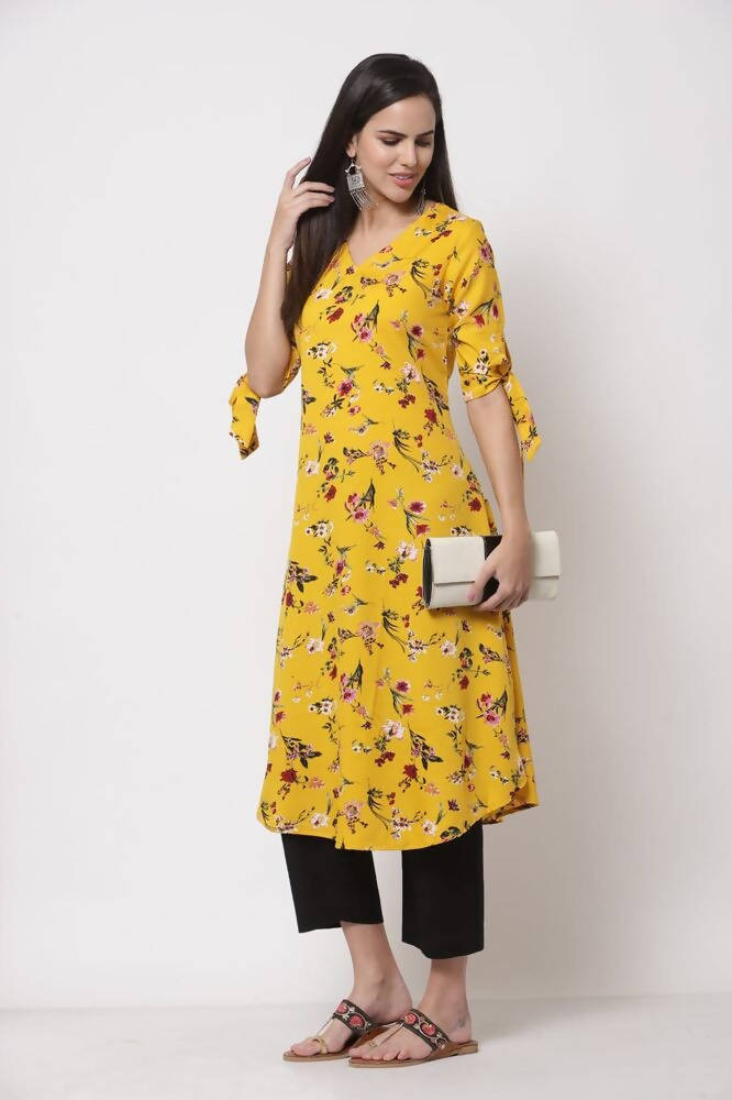 Myshka Women's Crepe Printed Half Sleeve V - Neck Casual Yellow Kurta