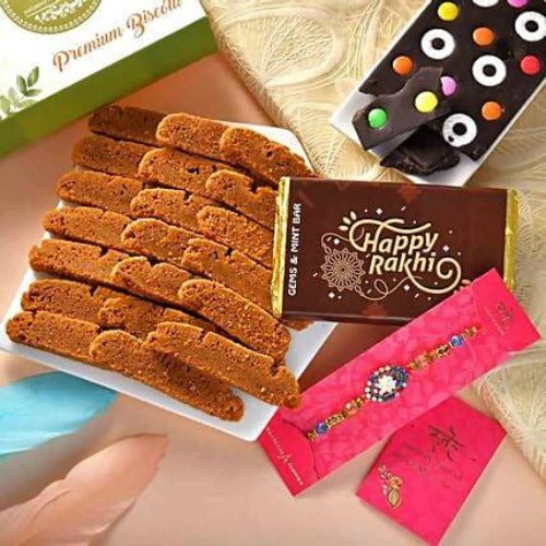 Floral Blue Beads Rakhi & Coffee Biscotti Hamper Combo