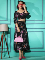 Thumbnail for Black Crepe Floral Printed Top with Matching Skirt - Shivani - Distacart