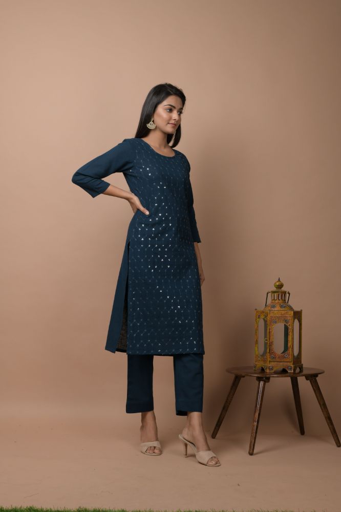 Kaajh Women's Navy Blue Solid Sequins Embellished Kurta Pant Set - Distacart