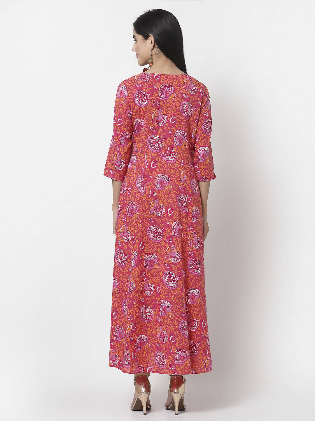 Myshka Women's Pure Red Color Cotton Round Neck Printed 3/4 Sleeve Dress