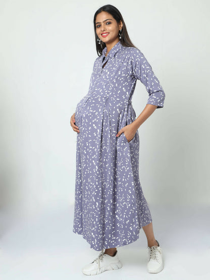 Manet Three Fourth Maternity Dress White Dot Print With Concealed Zipper Nursing Access - Blue - Distacart