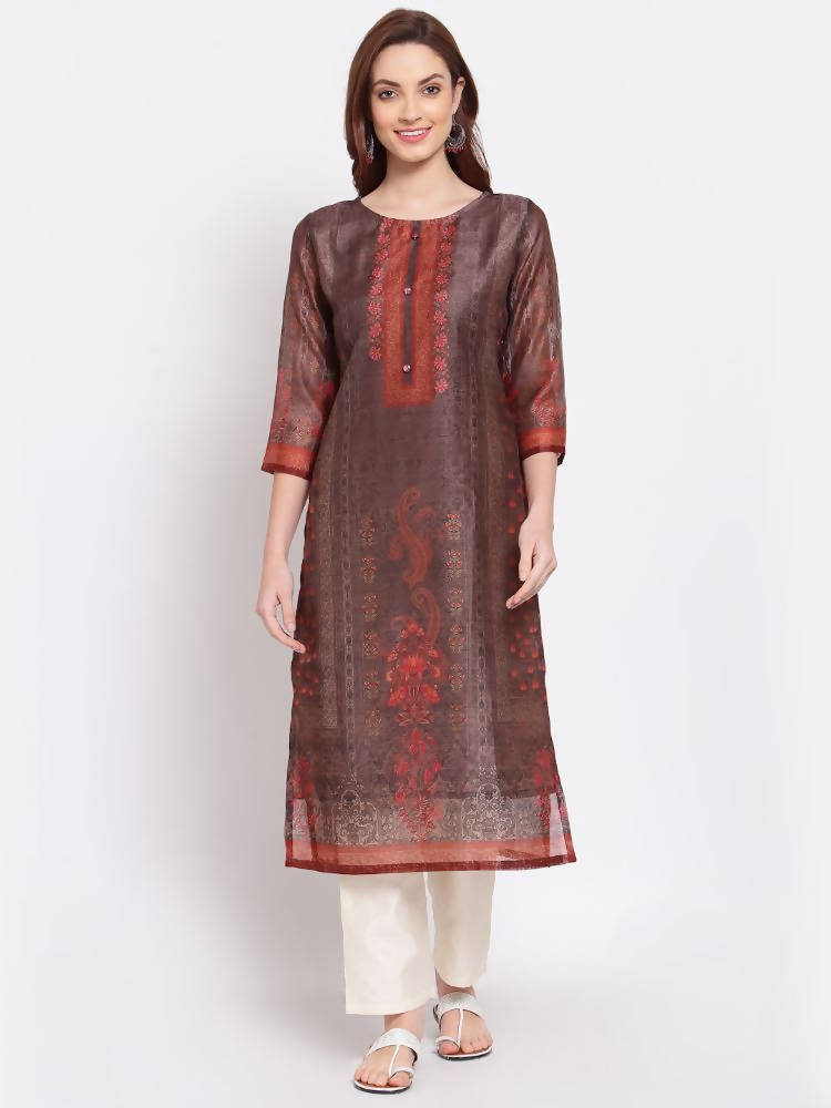 Myshka Women's Multi Printed Chanderi Silk 3/4 Sleeve Round Neck Casual Kurta