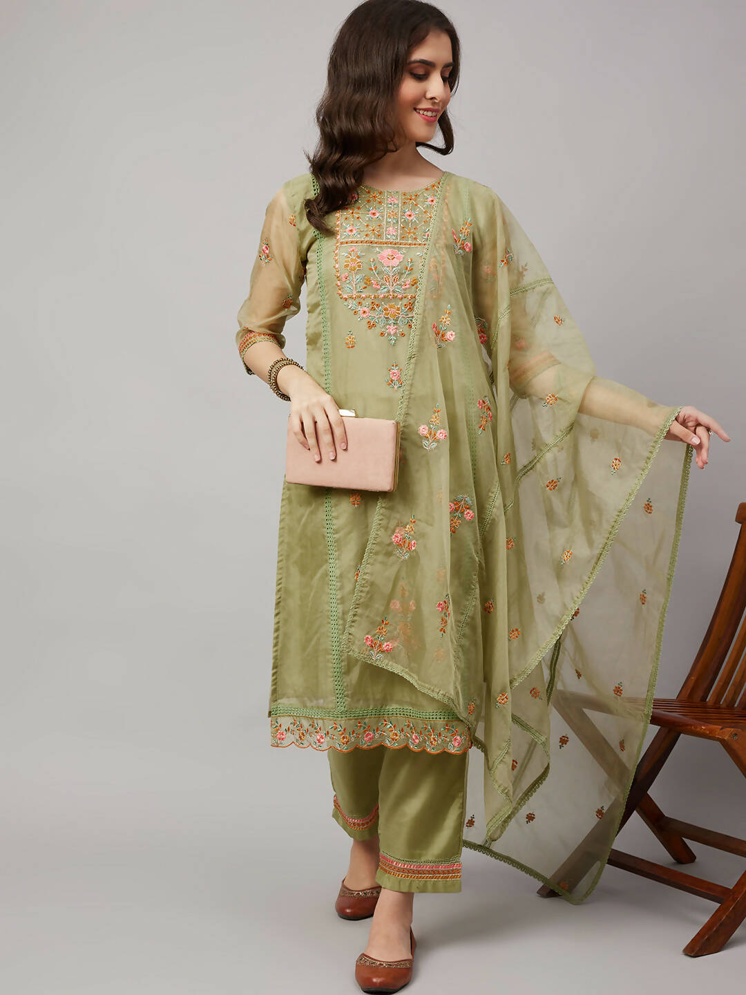 Green Organza Embroidered Kurta with Bottom & Dupatta - Salimar - Distacart