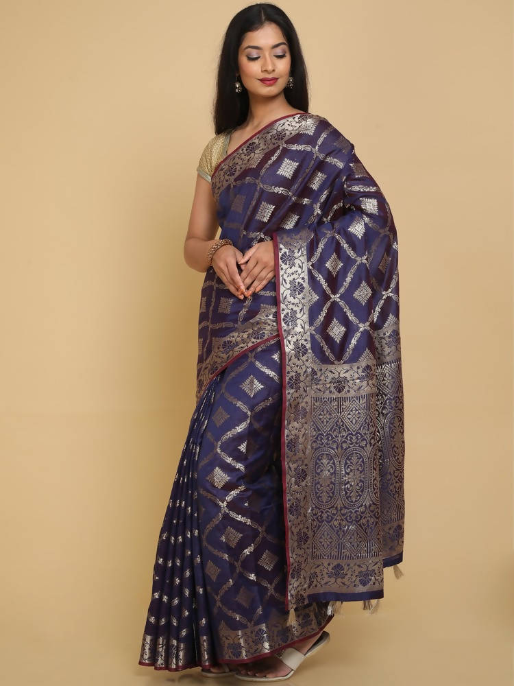 Kalamandir Checked Violet Silk Blend Saree