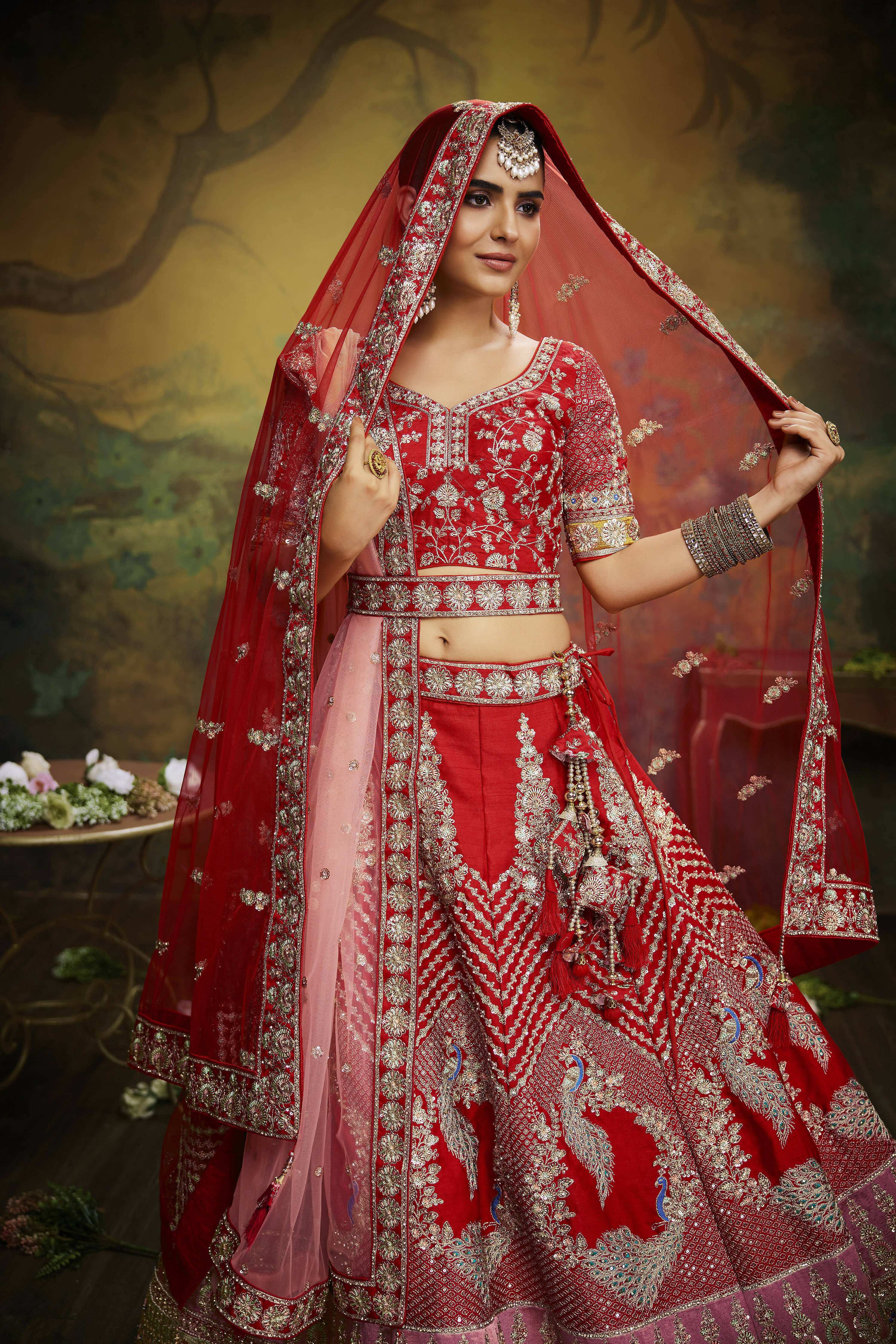 House of Panchhi Red Pure Silk Moti & Zarkan heavy embroidery Lehenga choli & Dupatta - Distacart