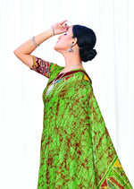 Thumbnail for Dark Green Chanderi Cotton Floral Printed Saree With Unstitched Blouse Piece - Kathika - Distacart