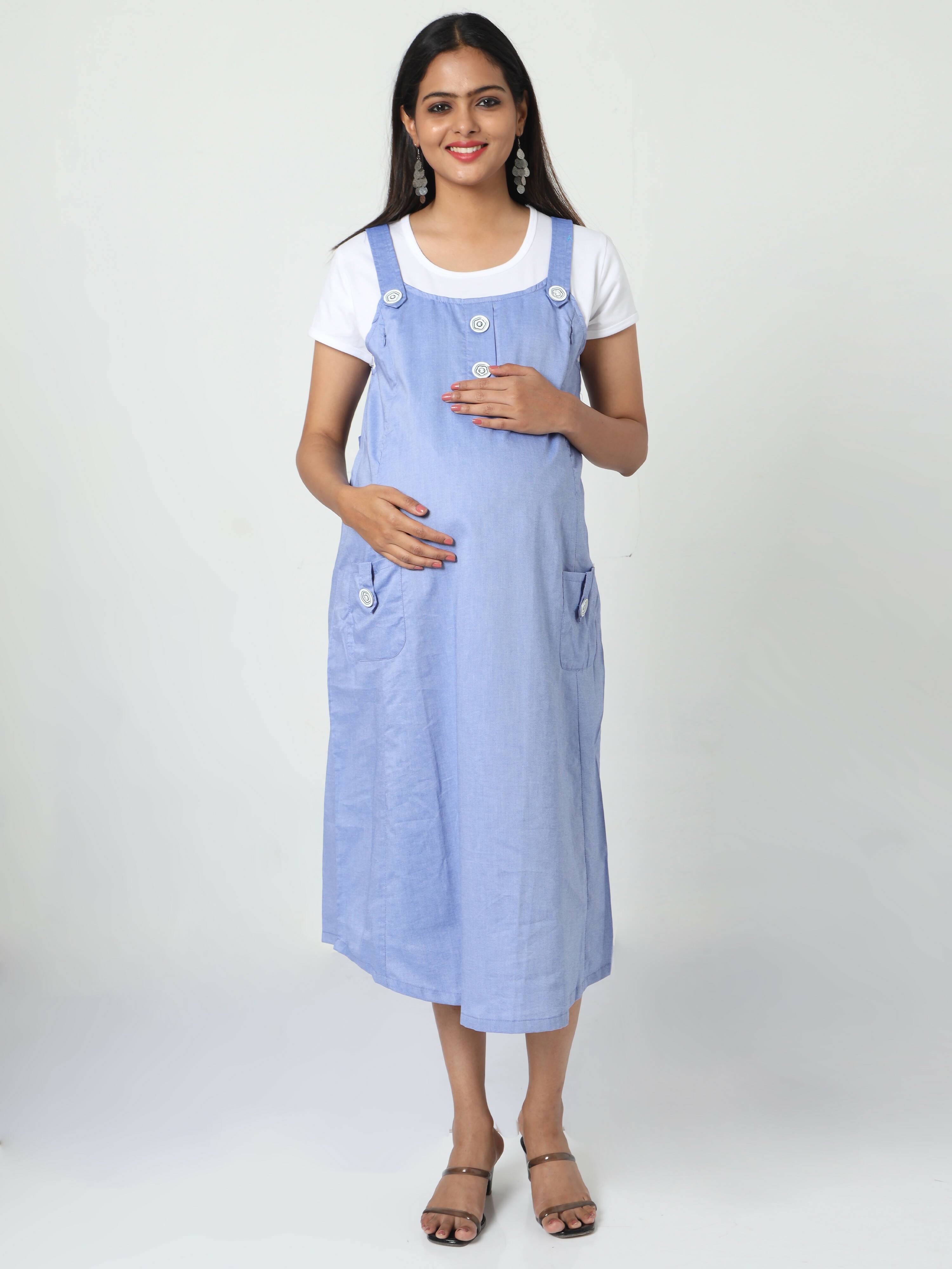 Manet Half Sleeves Solid Maternity Dress With Concealed Zipper Nursing Access - Blue - Distacart