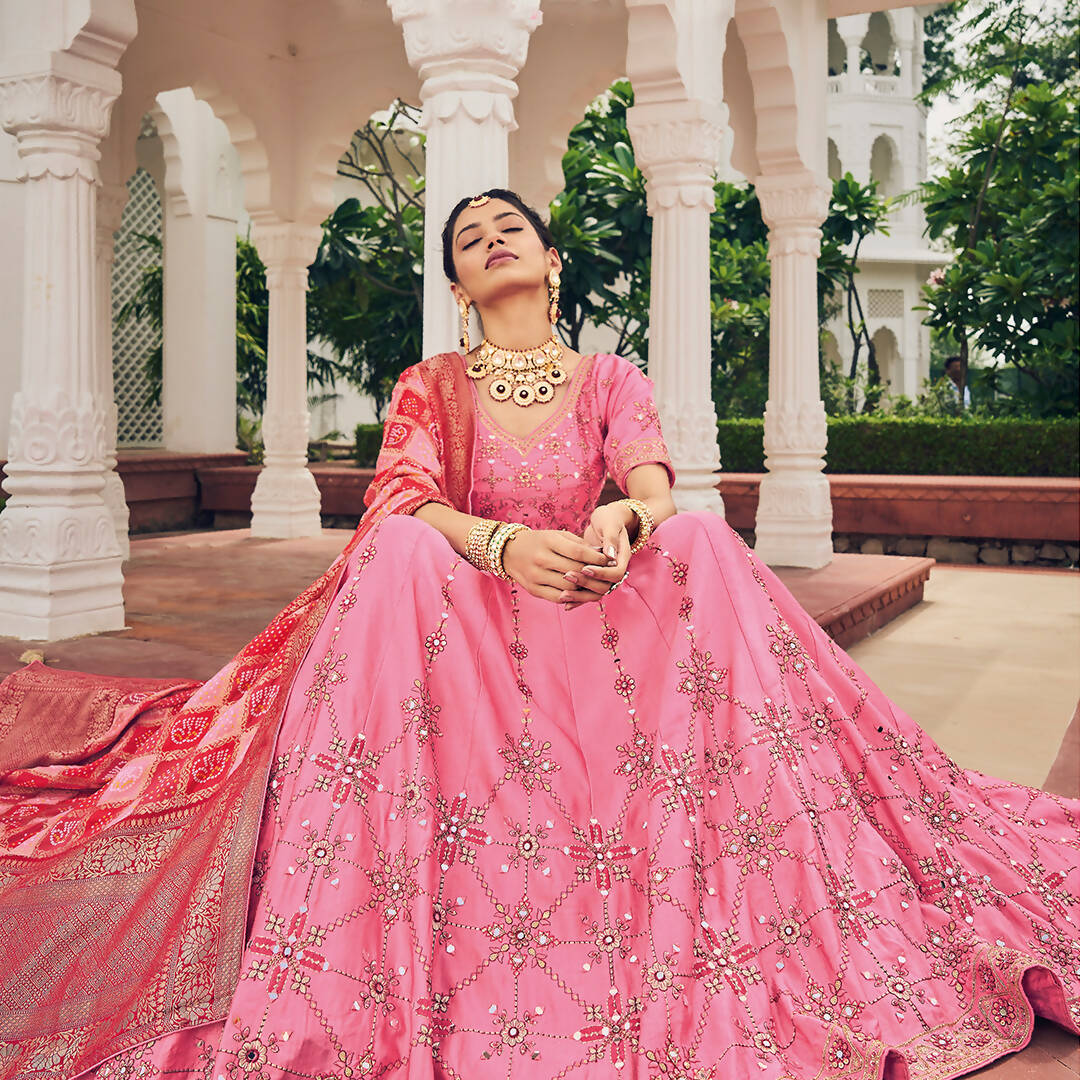 Bright Pink Heavy Viscose Khatli, Embroidery & Mirror Work Unstitched Lehenga Choli - Sisha Keshav - Distacart