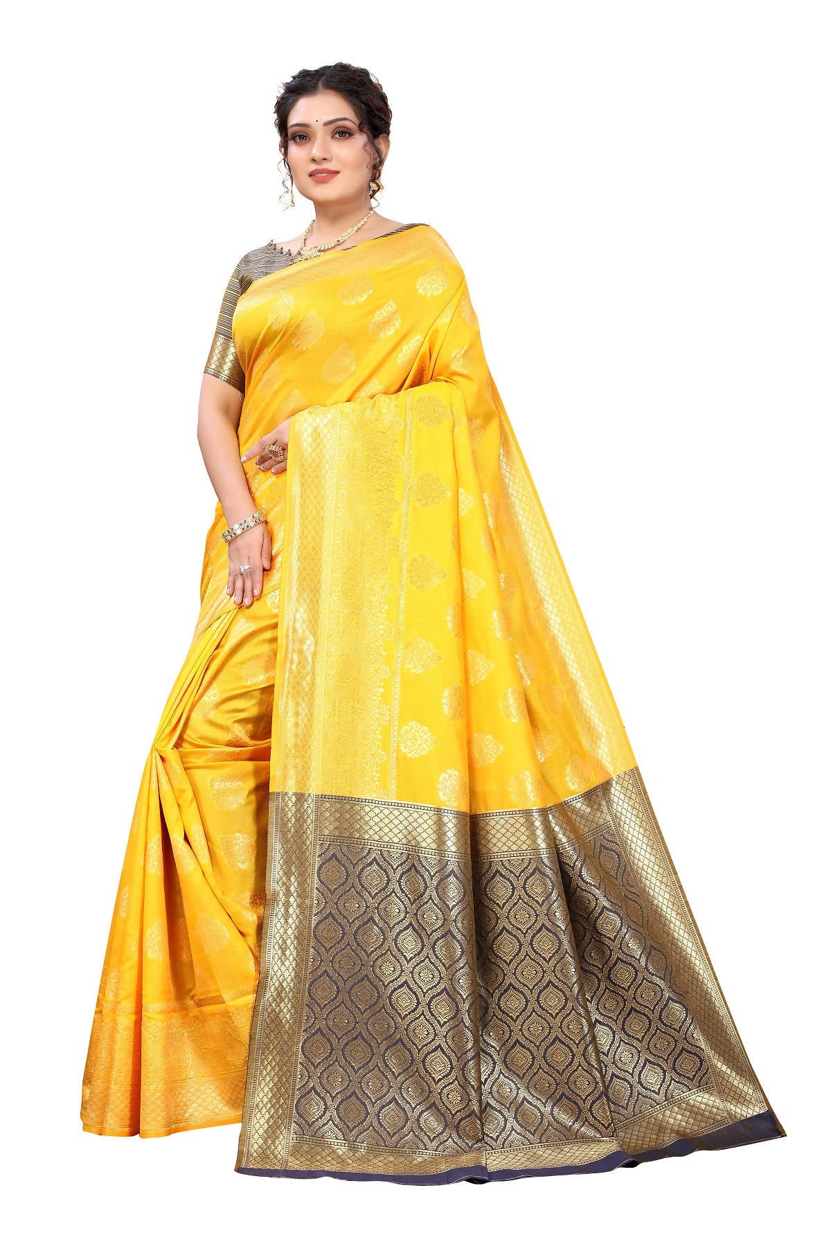 Vamika Ethnic Fire Yellow Weaving Banarasi Jacquard Saree - Distacart