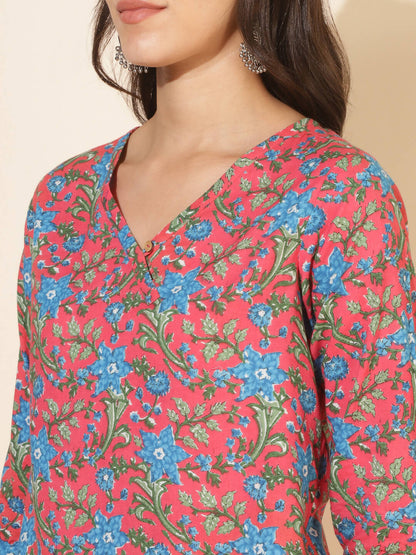 Janasya Women's Pink Cotton Floral Printed Casual Regular Co-ords - Distacart