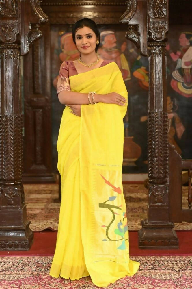 Very Much Indian Handloom Pure Cotton Paithani-Lime Yellow - Distacart