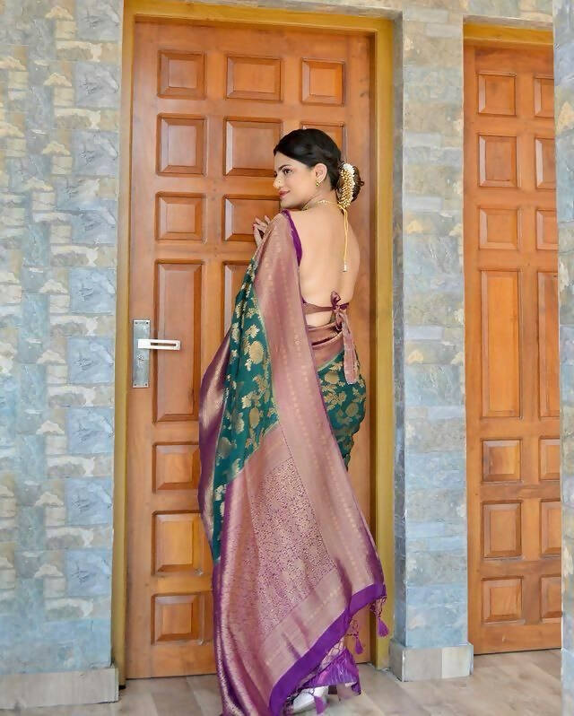 DEIANA'S Beautiful Golden Jari with New Design Soft Lichi Silk Saree - Teal - Distacart