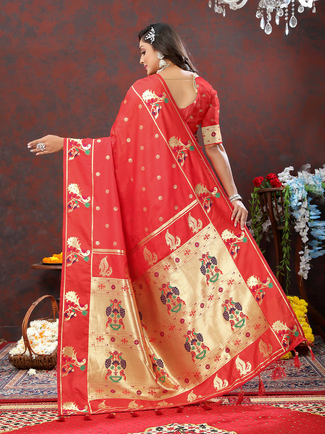 Lorenvalley Fashion Red Soft Paithani Silk Woven Design Gold Zari Meenakari Weaving Saree - Distacart