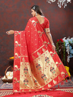 Thumbnail for Lorenvalley Fashion Red Soft Paithani Silk Woven Design Gold Zari Meenakari Weaving Saree - Distacart