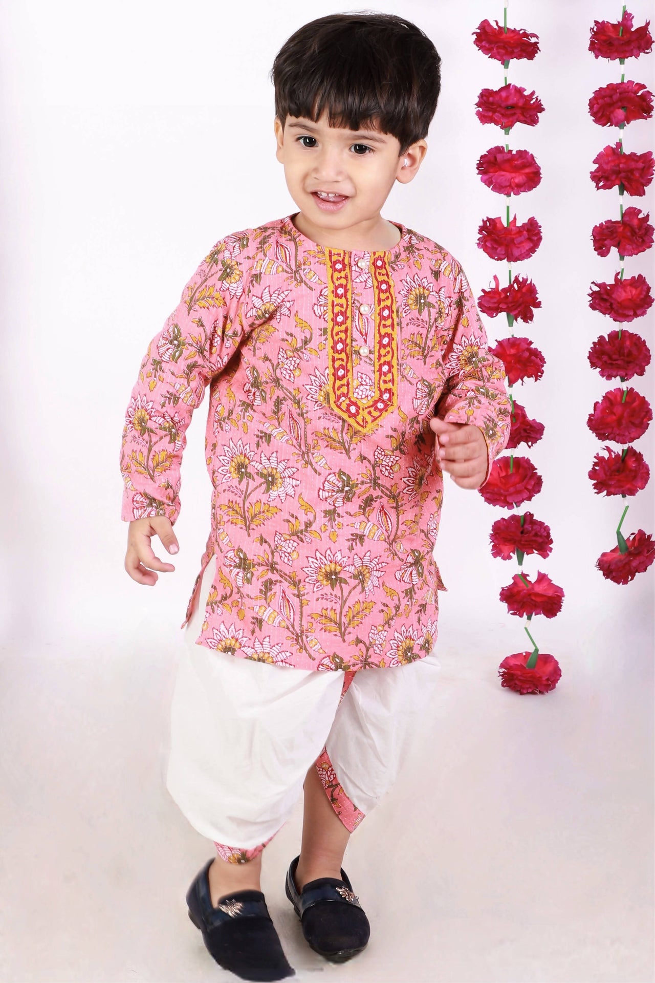 Little Bansi Bengali Kantha work floral kurta with Dhoti - Pink and White
