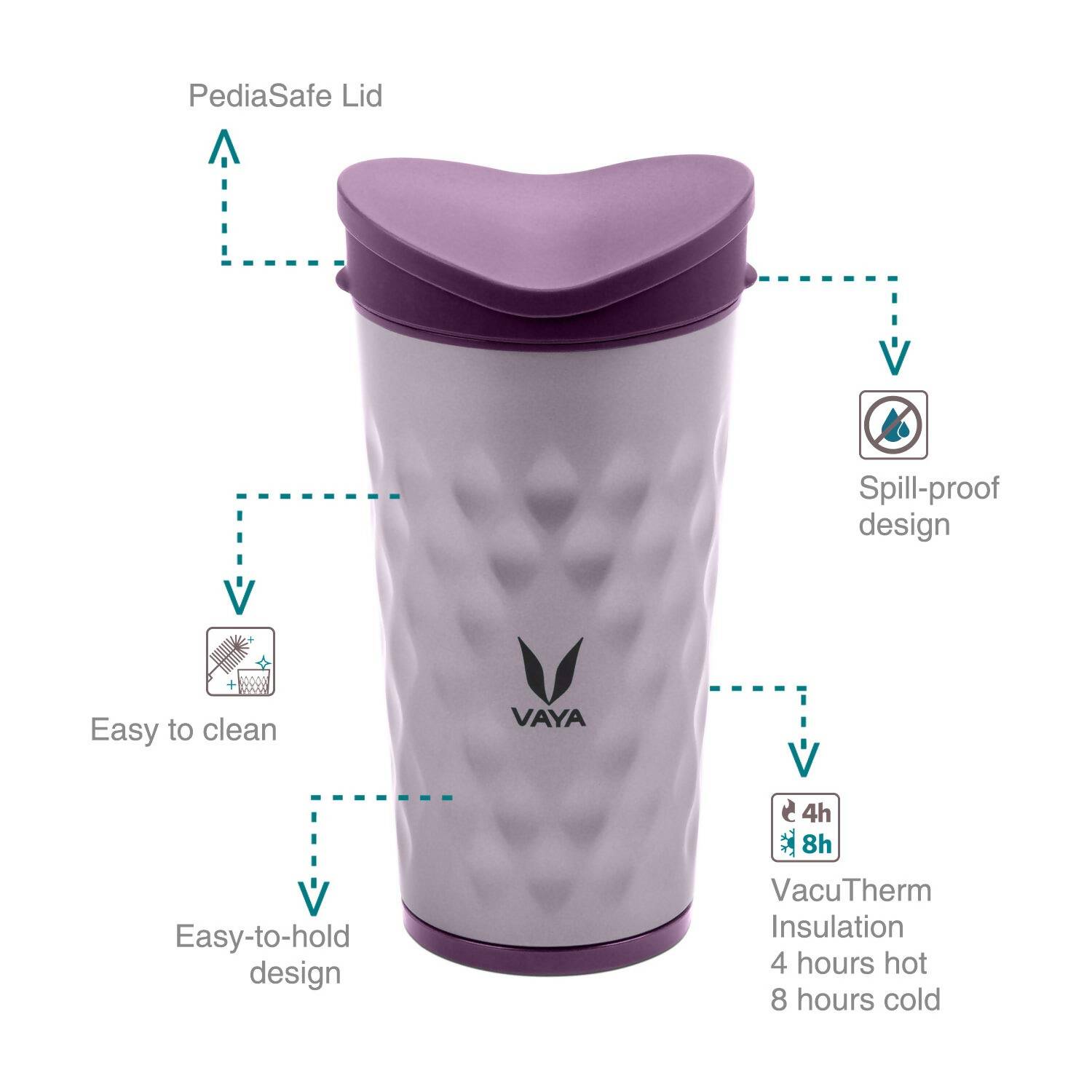 Vaya Drynk Stainless Steel Tumbler with Spill-Proof PediaSafe Lid - 350ml (Purple) - Distacart