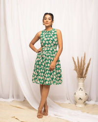 Thumbnail for FIORRA Women's Green Georgette Floral Printed Western Dress - Distacart