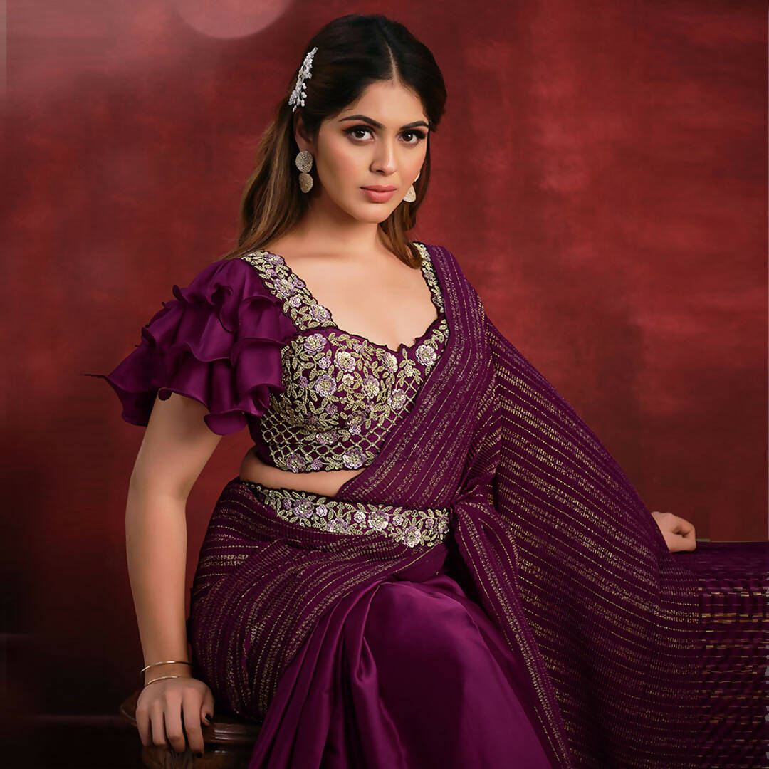 Magenta Crepe Satin Silk Sequence Thread & Stone Work/ Texture Pallu Saree - Mohmanthan Kimiya - Distacart