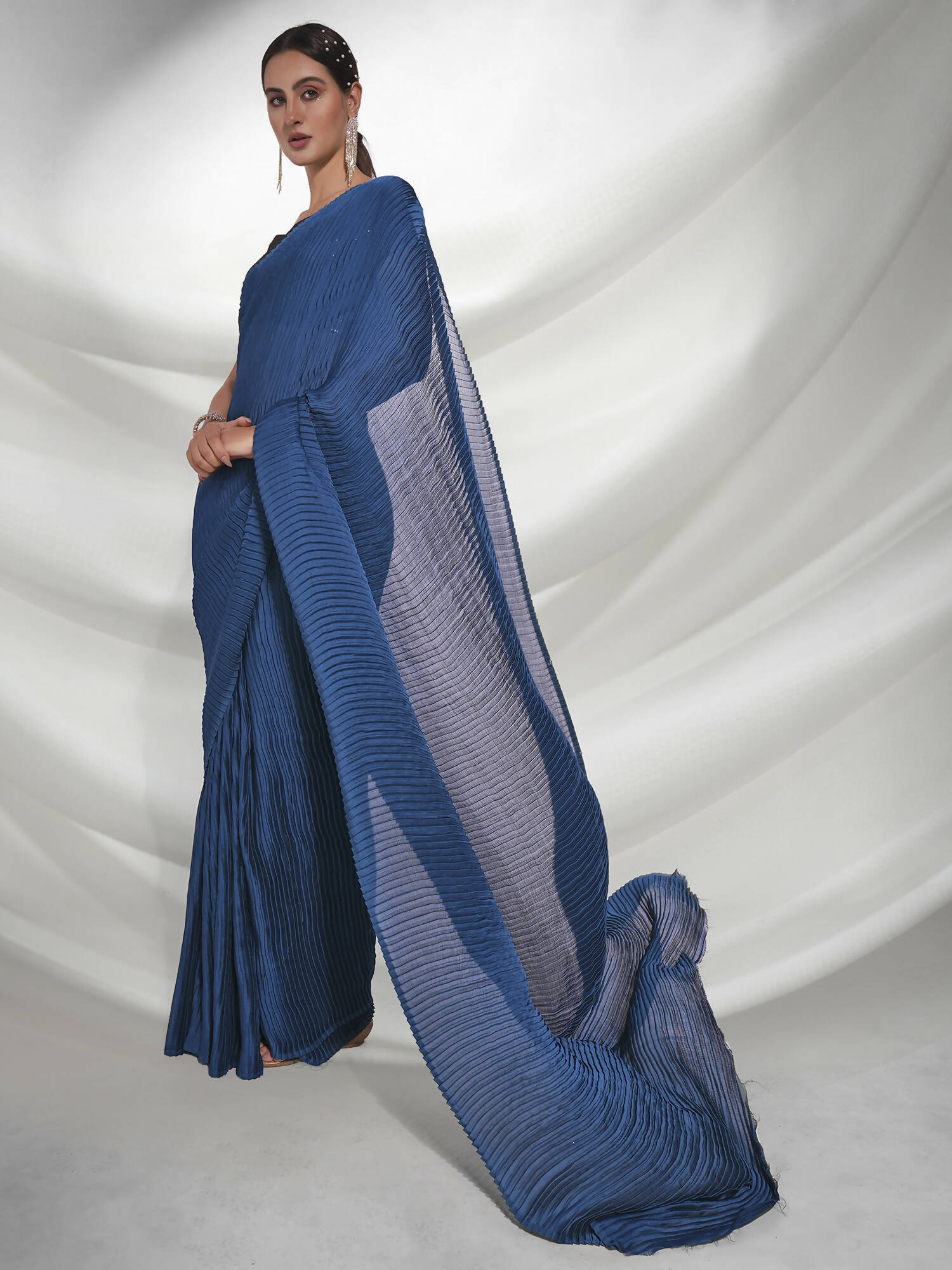 Teal Georgette Solid Texture Saree With Unstitched Blouse Piece - Rajal - Distacart