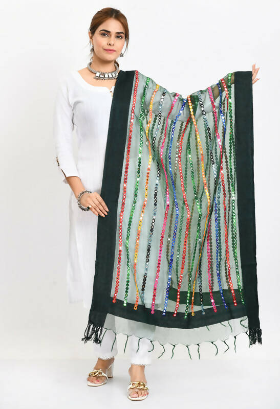 Mominos Fashion Moeza Women's Orgenza Multi Thread Mirror Work Bottle Green Dupatta - Distacart