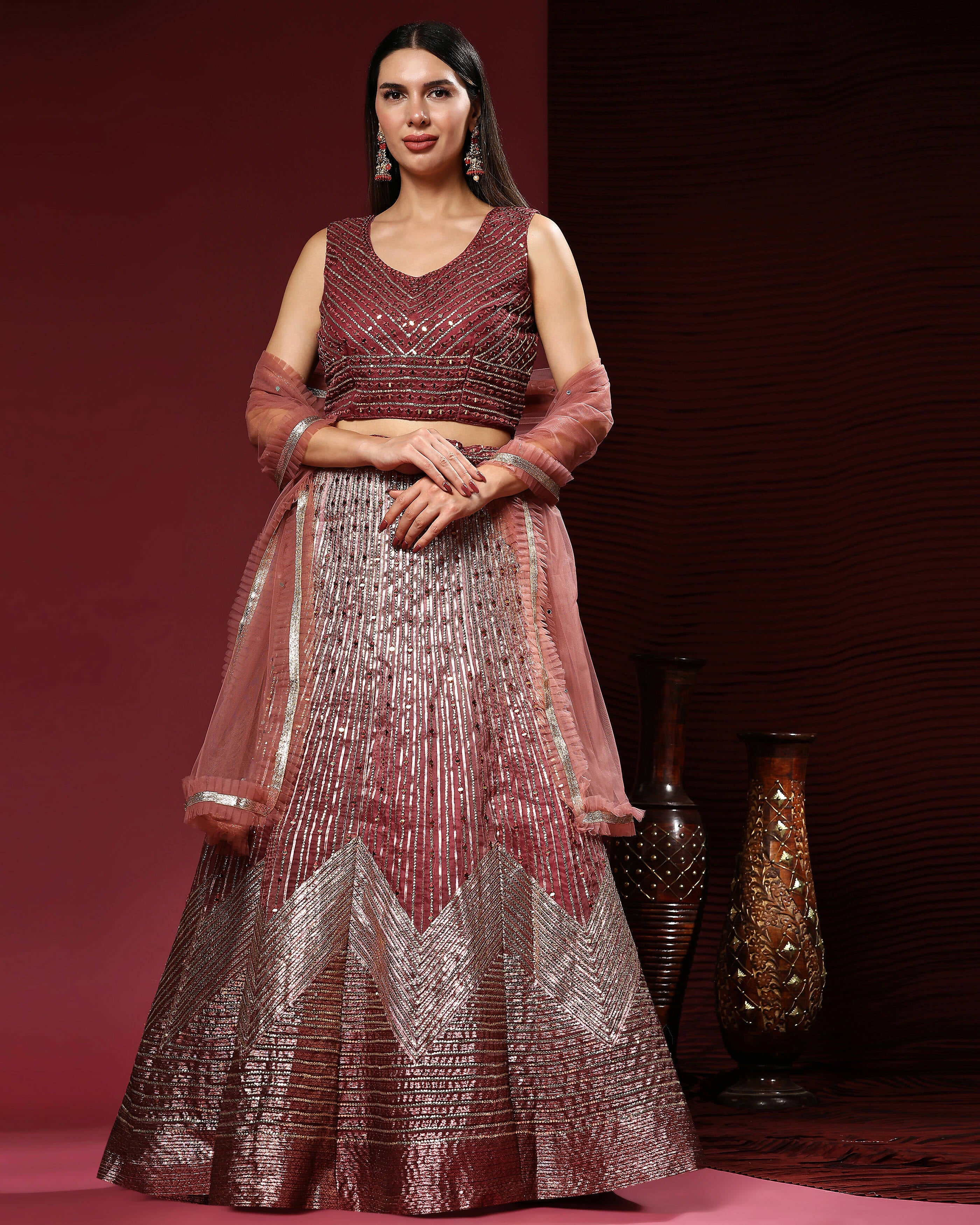 Maroon Organza Mirror With Coding Work Lehenga Choli with Dupatta - Tanya - Distacart