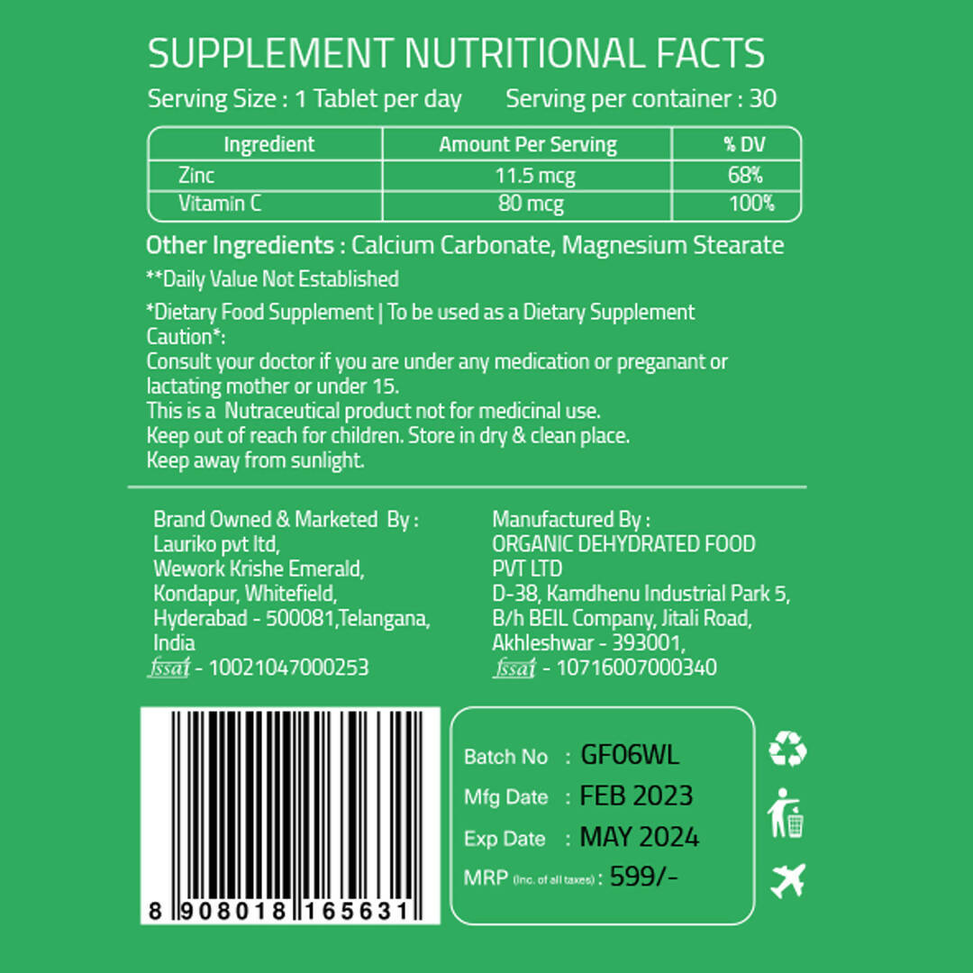 Laurik Plant Based Zinc And Vitamin C Tablets | Supplements Help Iron Absorption And Immune Support For Men And Women - Distacart