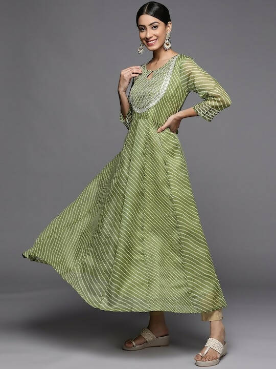 Varanga Women Green & White Leheriya Embroidered Indie Prints Anarkali Kurta - Distacart