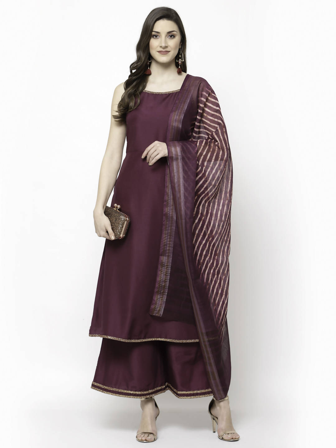Myshka Marron Silk Blend Solid Sleeveless Round Neck Kurta Palazzo Dupatta Set