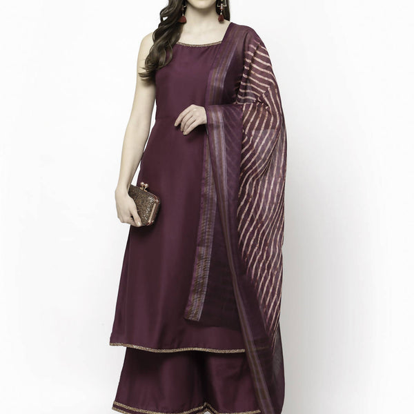 Myshka Marron Silk Blend Solid Sleeveless Round Neck Kurta Palazzo Dupatta Set