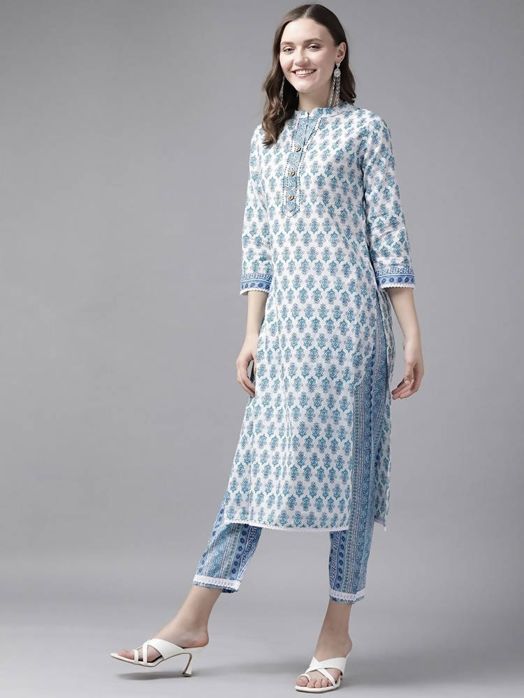 Yufta Women White & Blue Ethnic Hand Block Print Pure Cotton Kurta with Trouser & Dupatta