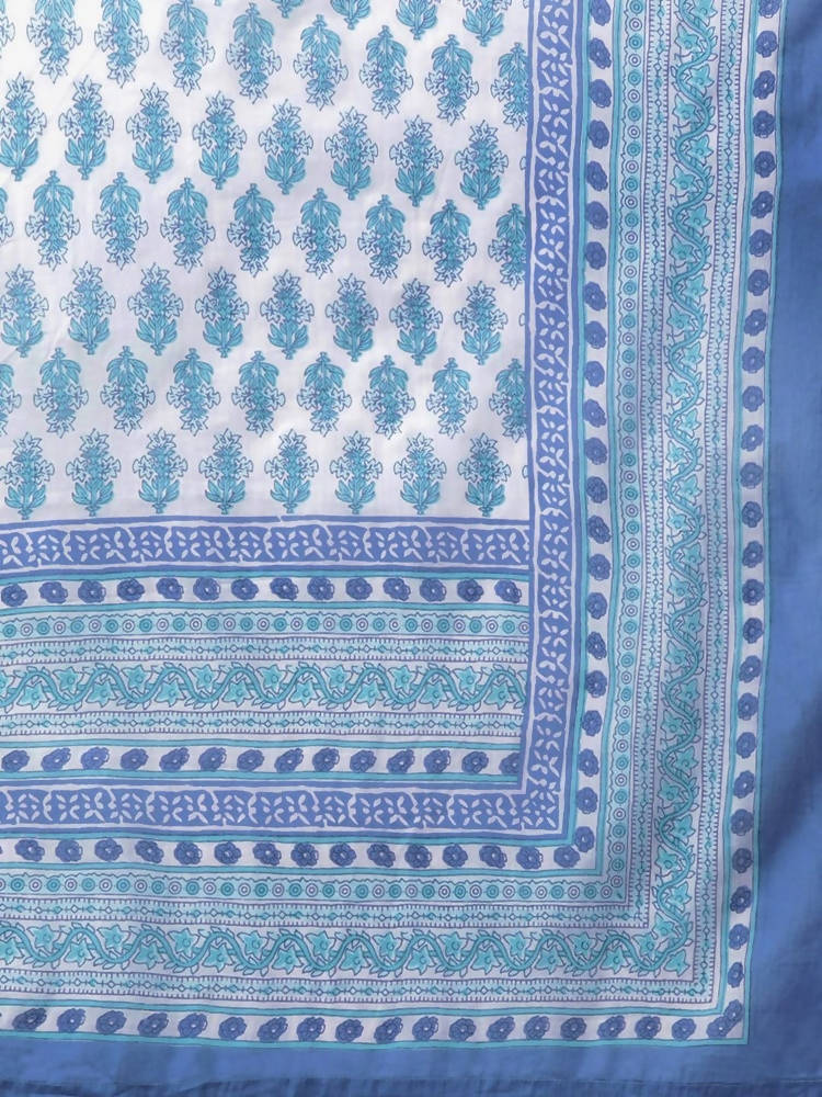 Yufta Women White & Blue Ethnic Hand Block Print Pure Cotton Kurta with Trouser & Dupatta