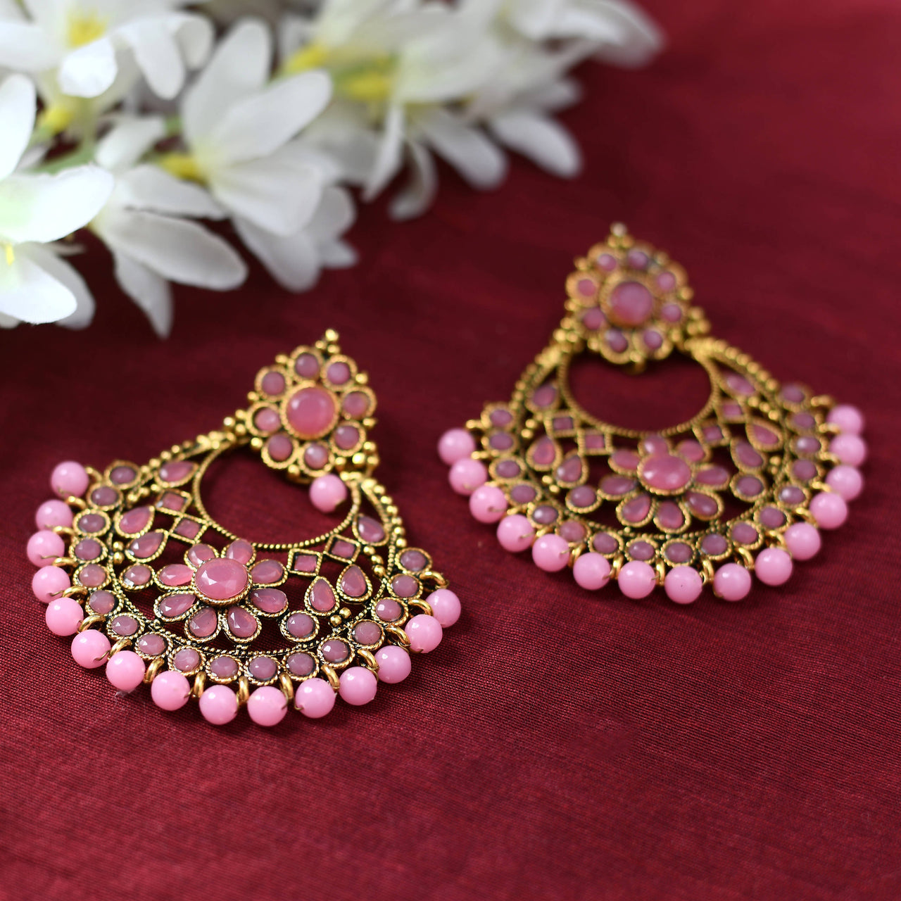 Mominos Fashion Johar Kamal Golden And Pink Beaded Earrings - Distacart