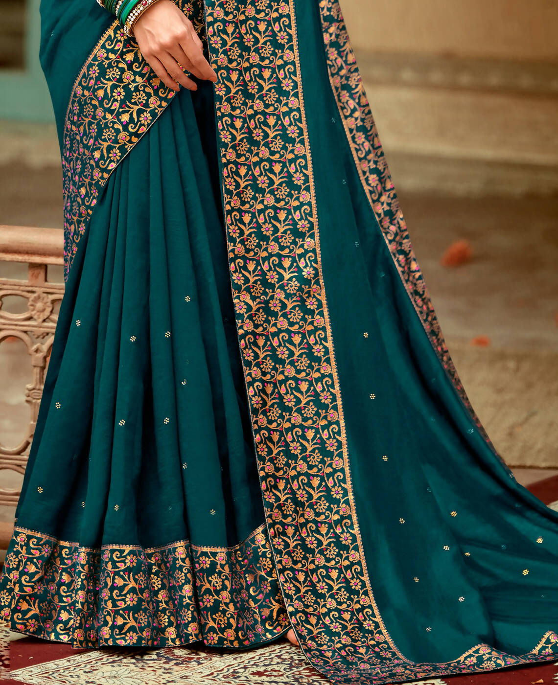 Blue Vichitra Stone Work Saree With Unstitched Blouse Piece - Rosy - Distacart