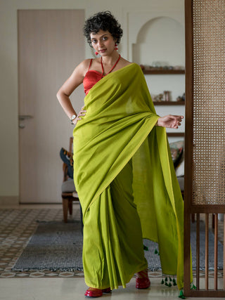 Suta Lime Green Solid Cotton Blend Saree - Distacart