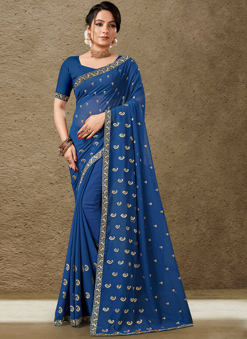 Blue Georgette Embroidered Saree with Unstitched Blouse Piece - Avika - Distacart