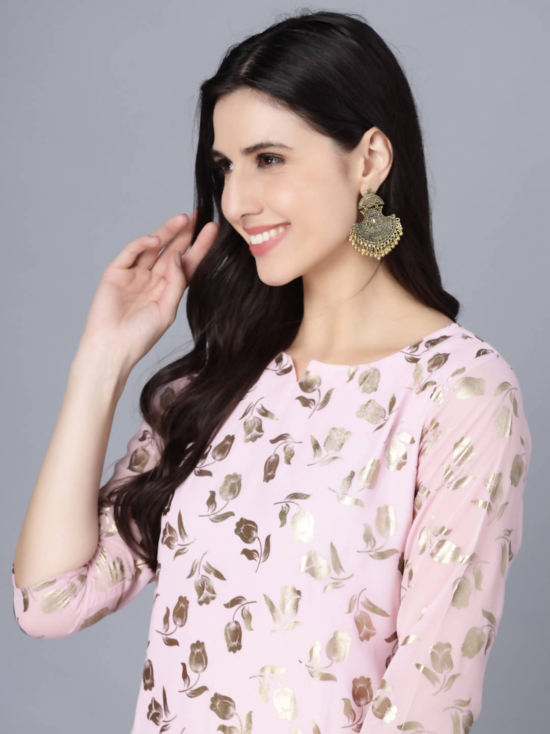 Myshka Women Pink Floral Printed Gotta Patti Georgette Kurta - Distacart