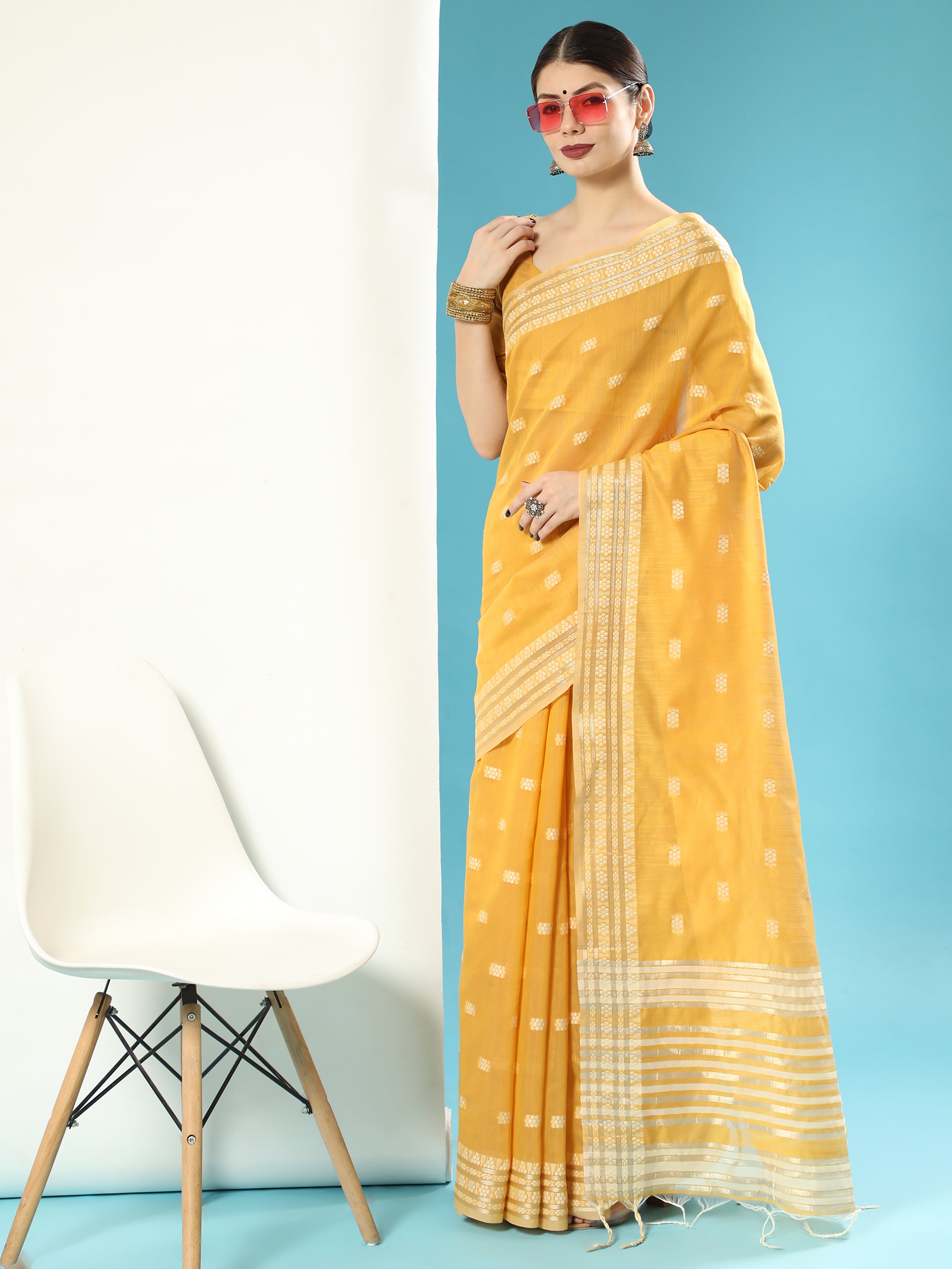 Vishnu Weaves Women's Mustard Lucknowi Cotton Chikankari Woven Saree with Blouse - Distacart