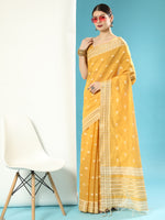 Thumbnail for Vishnu Weaves Women's Mustard Lucknowi Cotton Chikankari Woven Saree with Blouse - Distacart