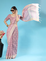 Thumbnail for Vishnu Weaves Women's Purple Lucknowi Cotton Chikankari Woven Saree with Blouse - Distacart